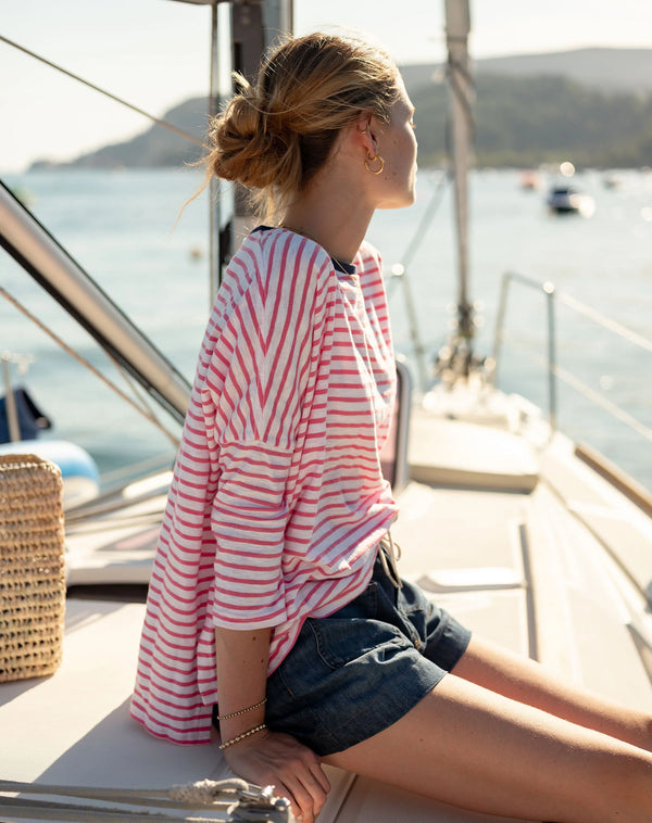 Mersea Catalina Slub Tee | White/Soft Pink Ringer