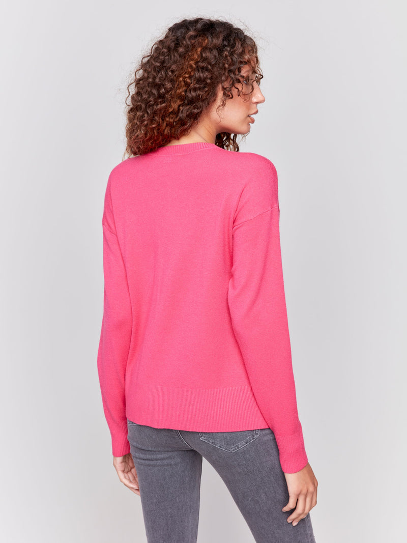 Charlie B Crew-Neck Drop-Shoulder Side Button Sweater- Magenta